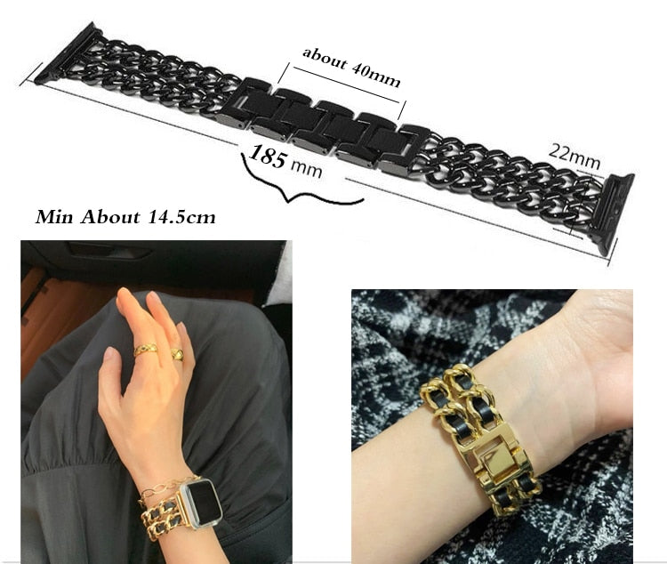 Metal Chainlink & Leather Band compatible with Apple Watch, Double Strap