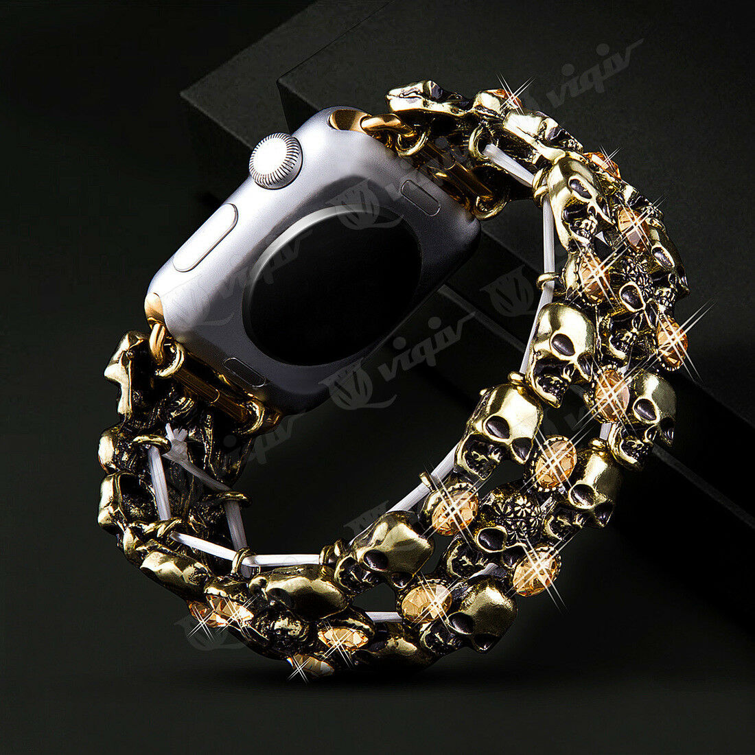 Skulls & Crystals Chainlink Metal Bracelet Band Apple Watch Compatible, Triple Strap