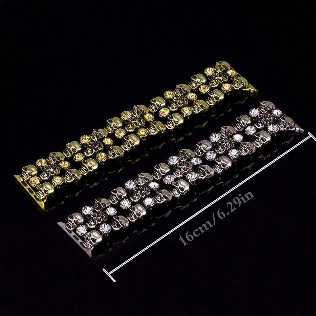 Skulls & Crystals Chainlink Metal Bracelet Band Apple Watch Compatible, Triple Strap