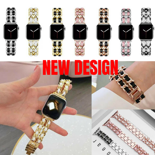 Metal Chainlink & Leather Band compatible with Apple Watch, Double Strap