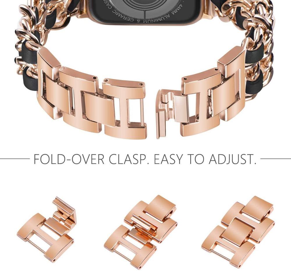 Metal Chainlink & Leather Band compatible with Apple Watch, Double Strap