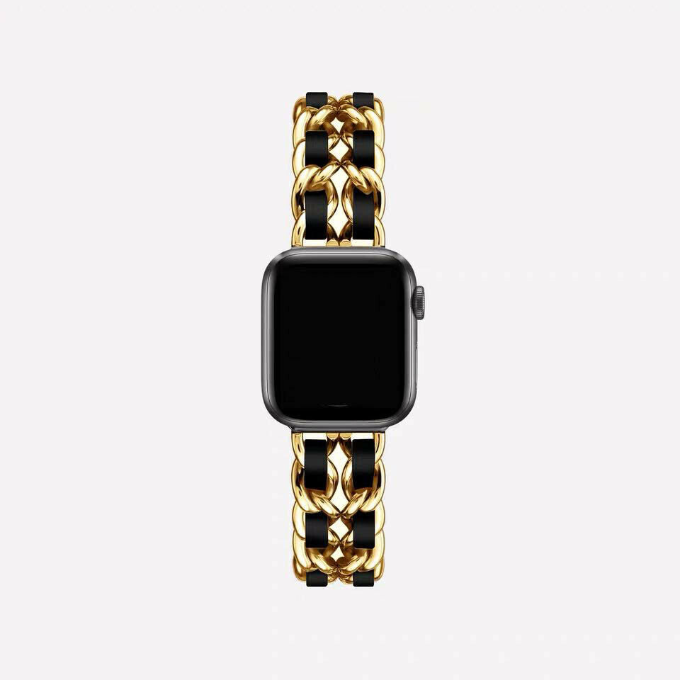 Metal Chainlink & Leather Band compatible with Apple Watch, Double Strap