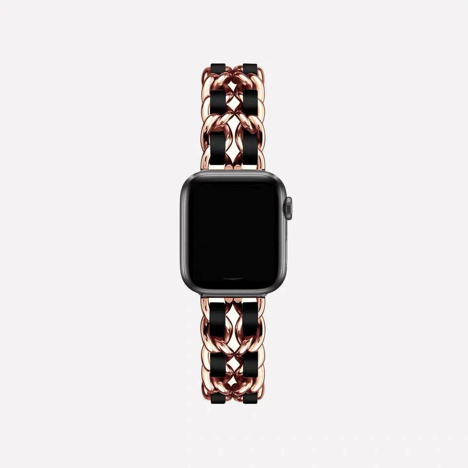 Metal Chainlink & Leather Band compatible with Apple Watch, Double Strap