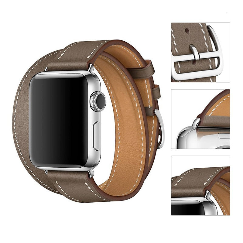Leather Loop Double Bracelet Band Apple Watch Compatible, Stainless Steel Buckle