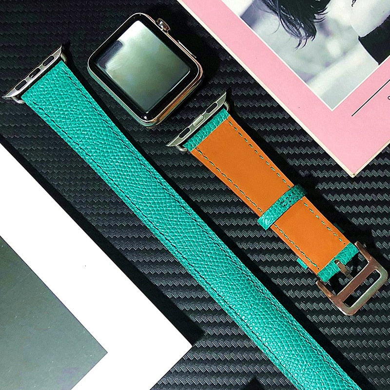 Leather Loop Double Bracelet Band Apple Watch Compatible, Stainless Steel Buckle