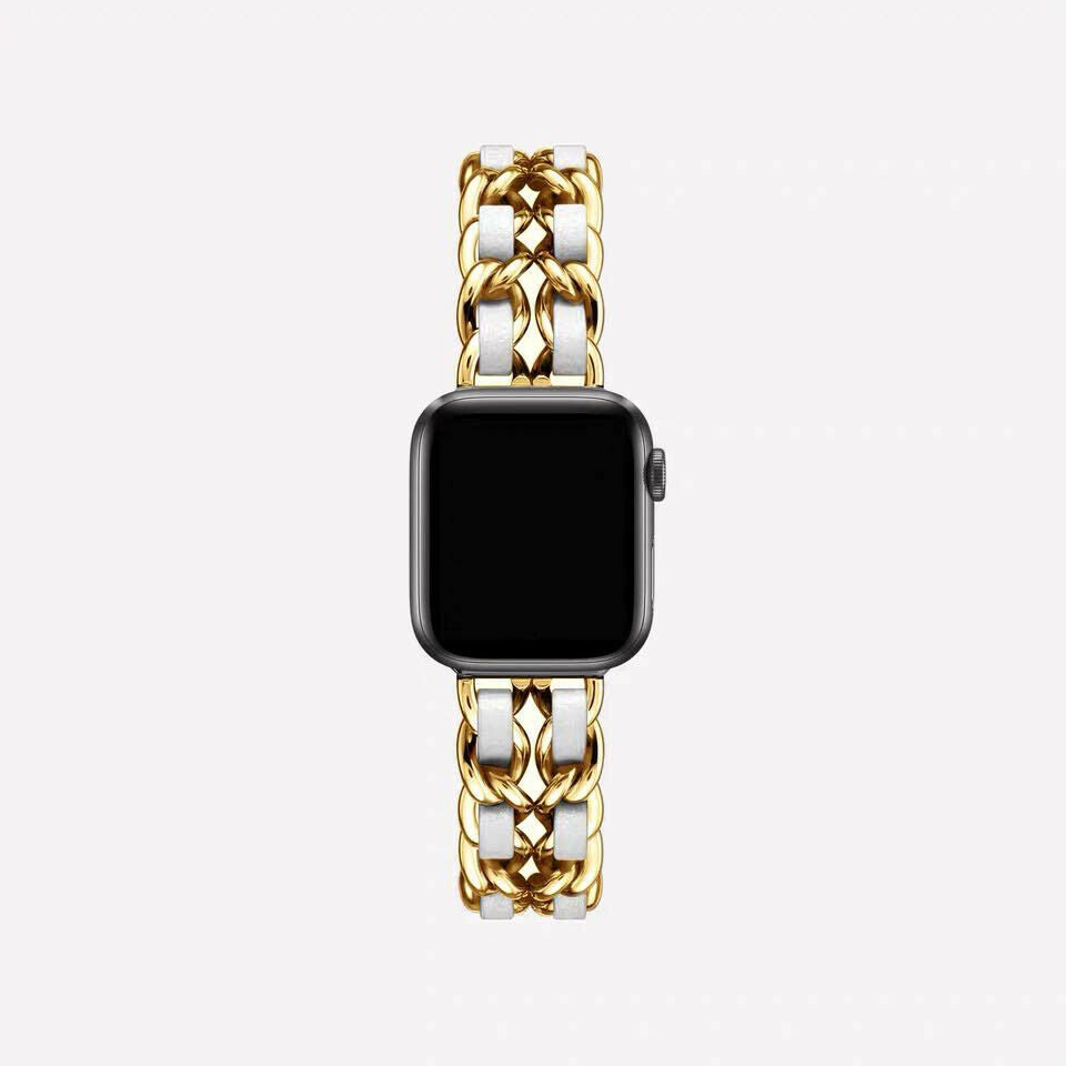 Metal Chainlink & Leather Band compatible with Apple Watch, Double Strap