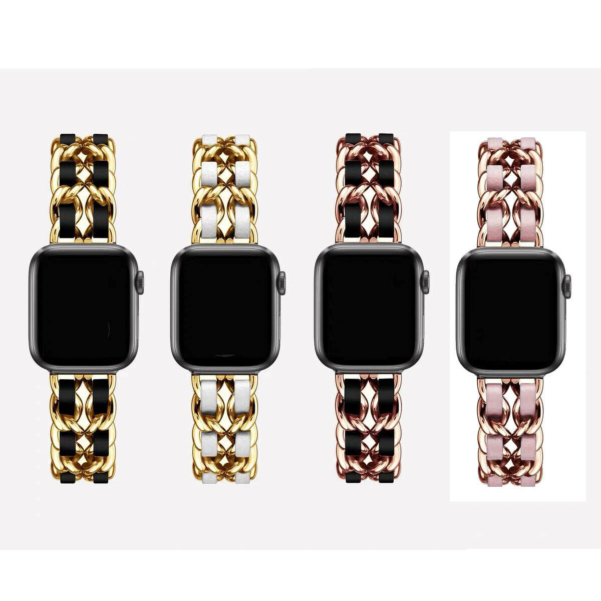 Metal Chainlink & Leather Band compatible with Apple Watch, Double Strap