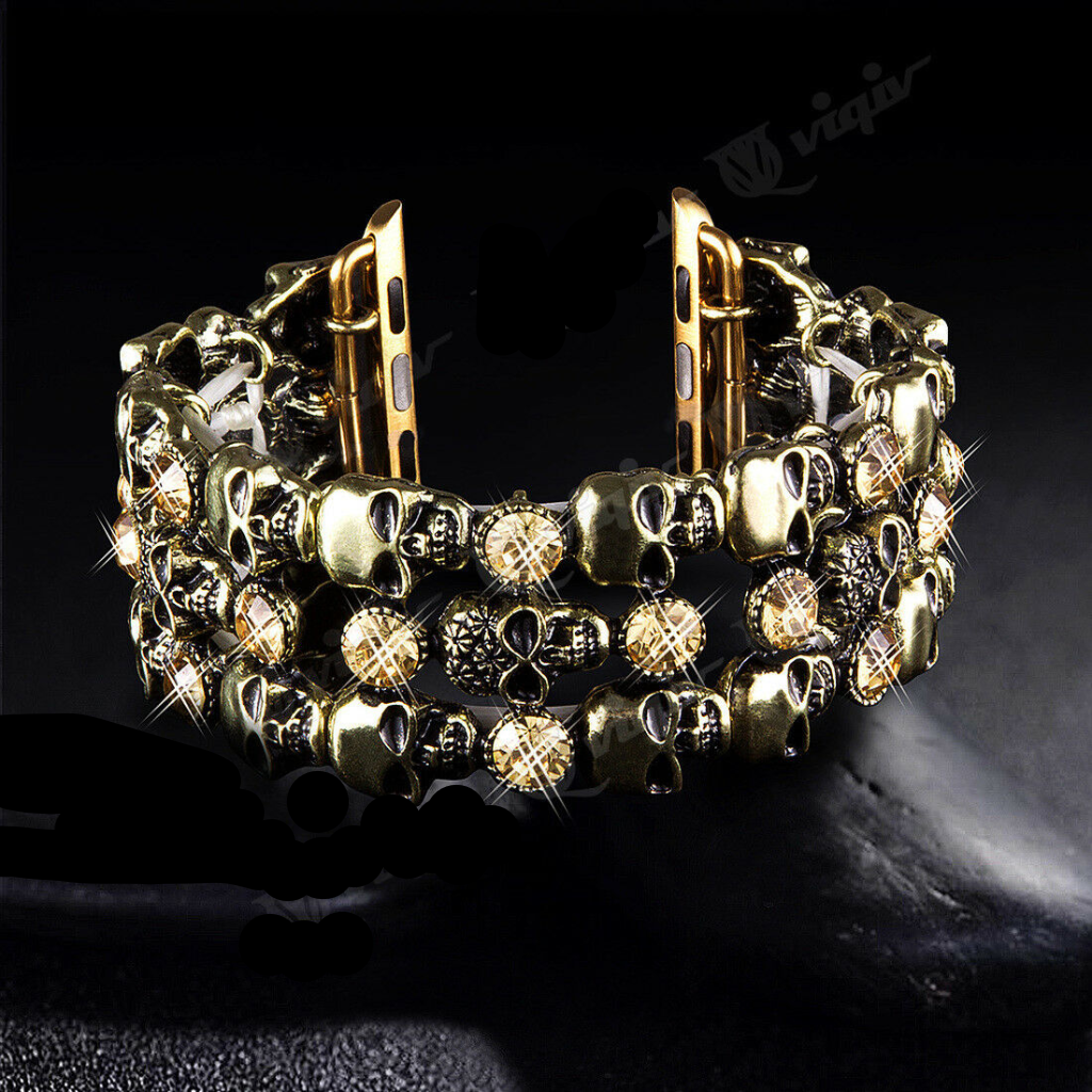 Skulls & Crystals Chainlink Metal Bracelet Band Apple Watch Compatible, Triple Strap
