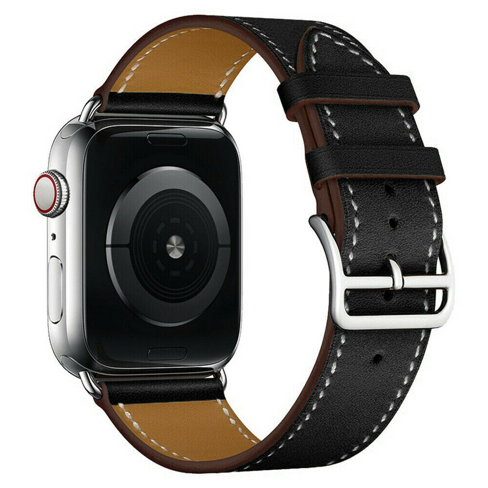 Leather Bracelet Band Steel Buckle Apple Watch Compatible, Solid Color Straps