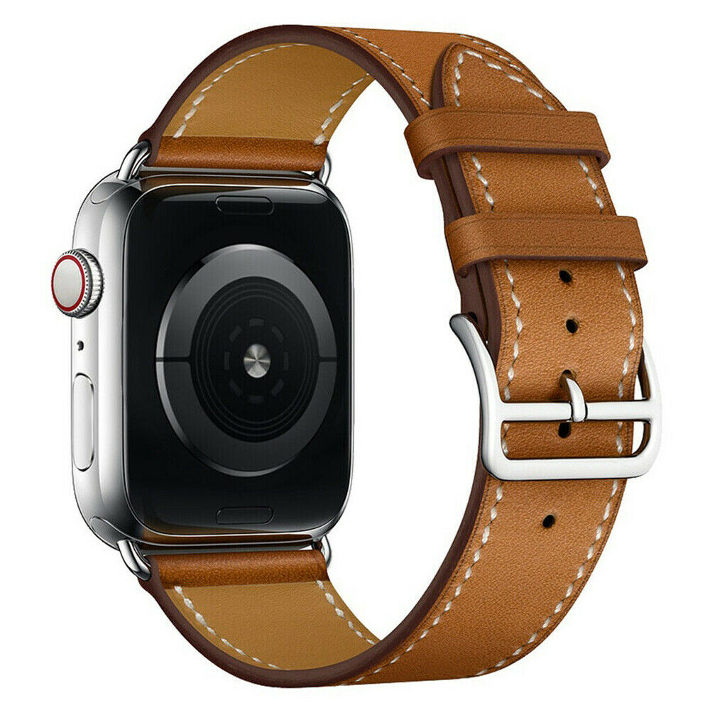 Leather Bracelet Band Steel Buckle Apple Watch Compatible, Solid Color Straps