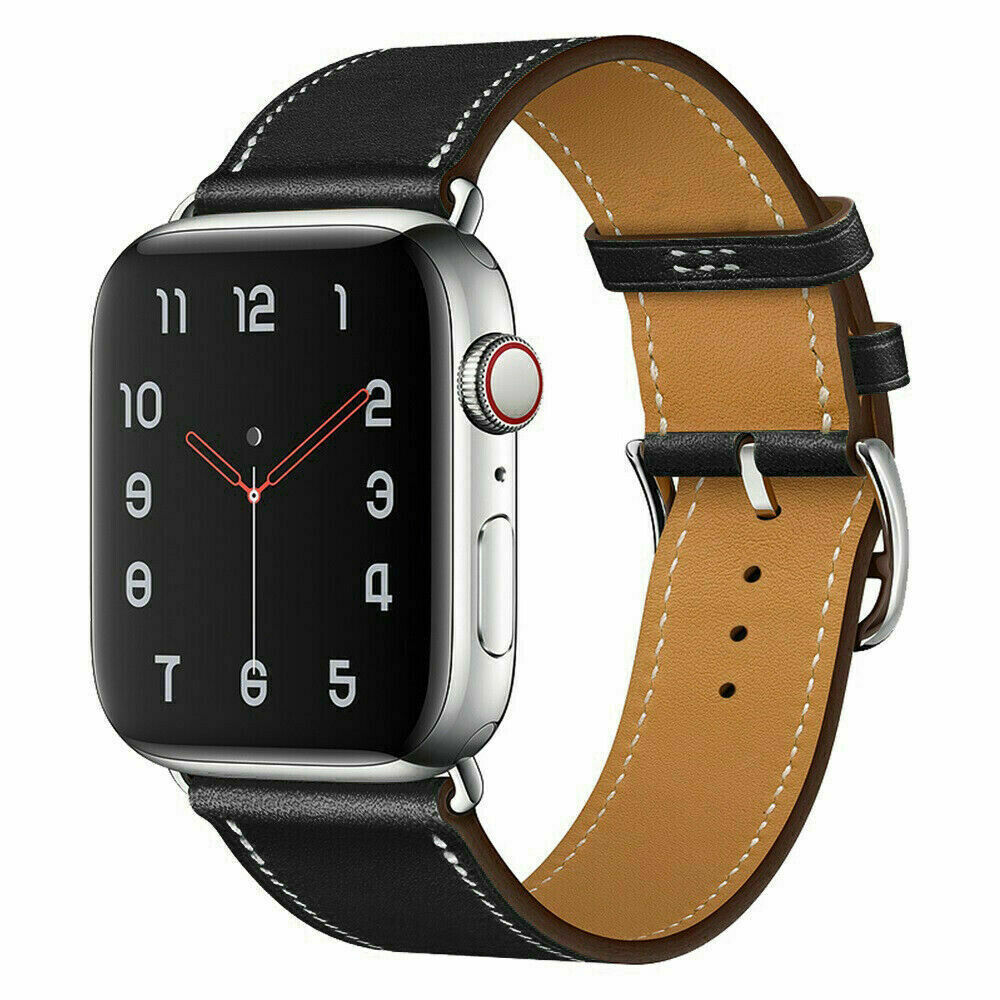 Leather Bracelet Band Steel Buckle Apple Watch Compatible, Solid Color Straps