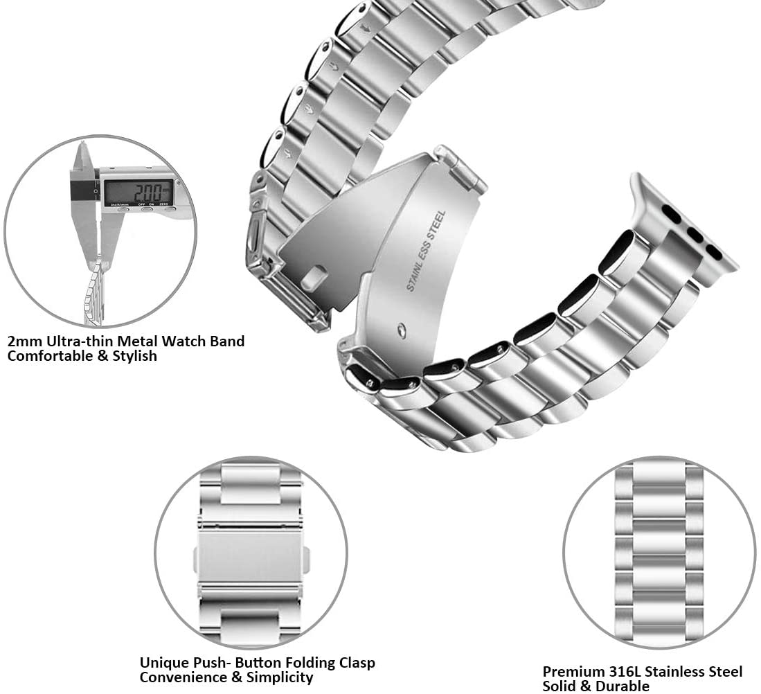 Metal Link Band compatible with Apple Watch, Stainless Steel Strap