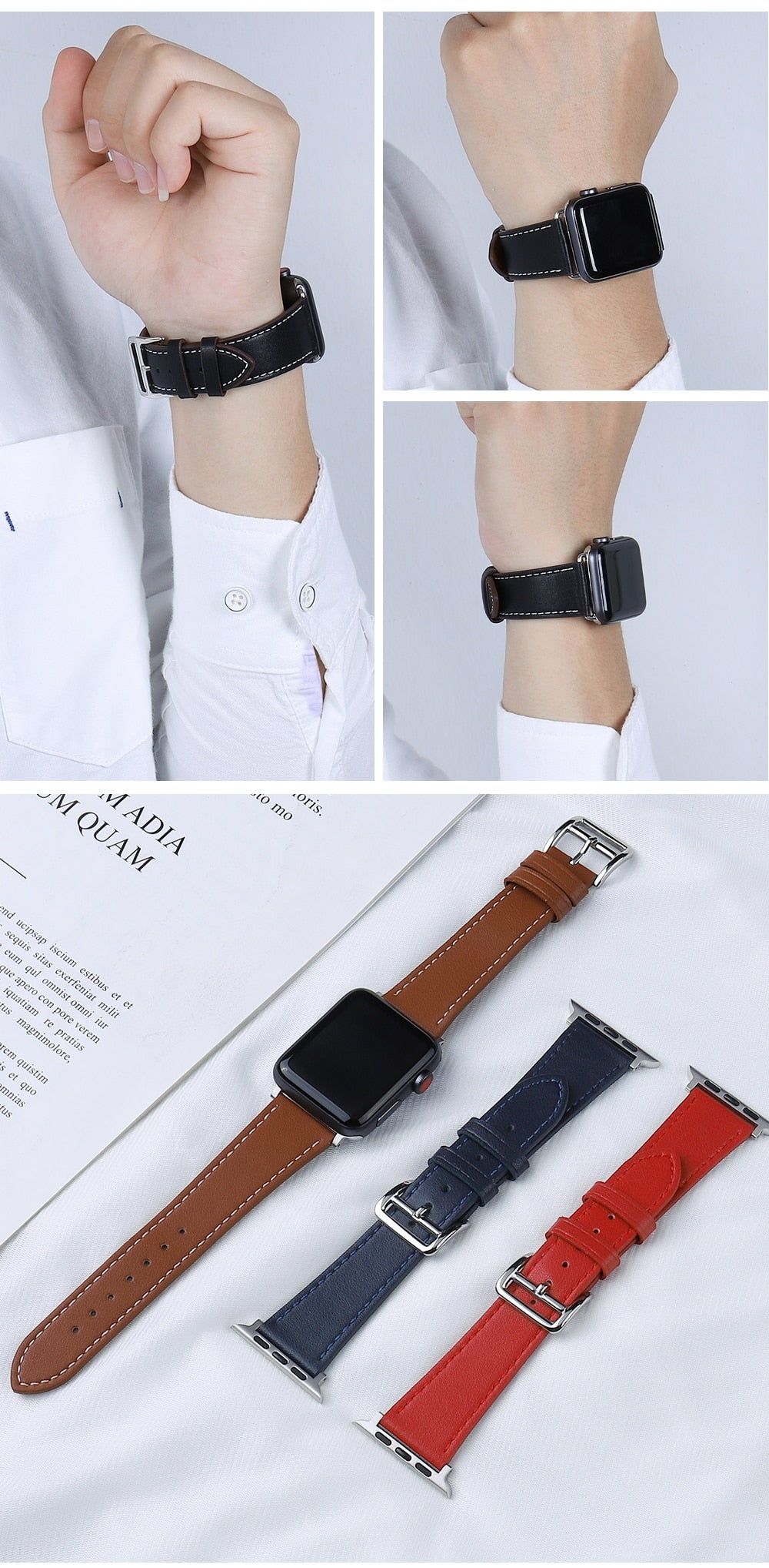Leather Bracelet Band Steel Buckle Apple Watch Compatible, Solid Color Straps