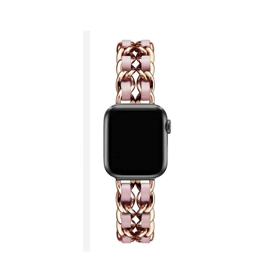 Metal Chainlink & Leather Band compatible with Apple Watch, Double Strap
