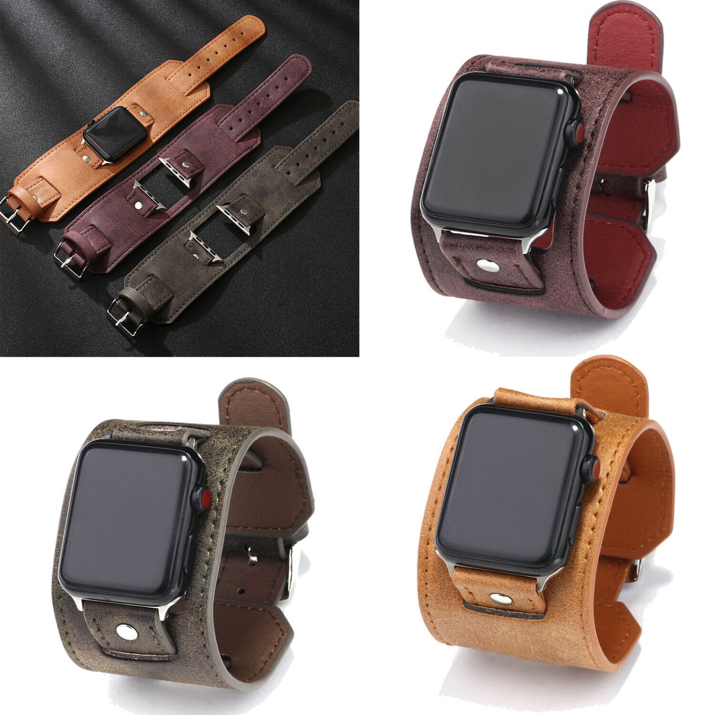 Leather Wide Cuff Band compatible with Apple Watch, 3-Piece Strap