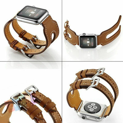 Leather Loop Double Bracelet Band Apple Watch Compatible, Stainless Steel Buckle