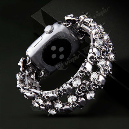 Skulls & Crystals Chainlink Metal Bracelet Band Apple Watch Compatible, Triple Strap